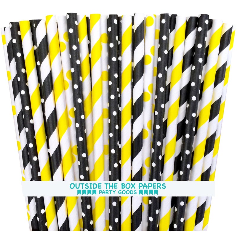 Outside the Box Papers Bee Theme Striped and Polka Dot Paper Straws 7.75 Inches 100 Pack Black, Yellow, White - Image 1